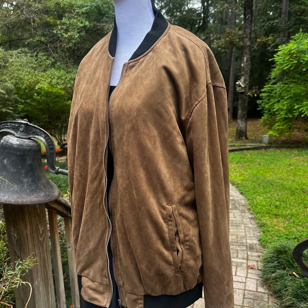 Forever 21 Men’s Faux Suede Bomber Jacket Brown XL Black Trim